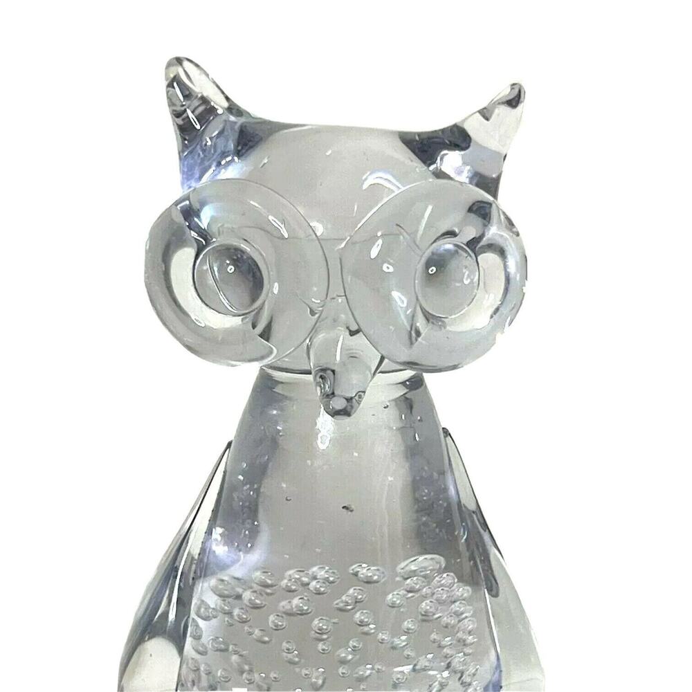 Vintage Clear Glass Owl Paperweight Figurine Controlled Bubble Art Glass 1980s